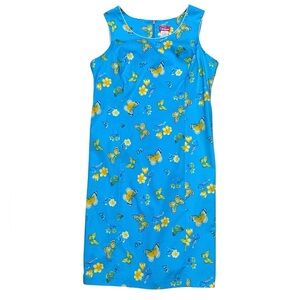 Y2K Pappagallo Sleeveless Dress Women’s 10 Blue Floral Butterfly Sheath Casual